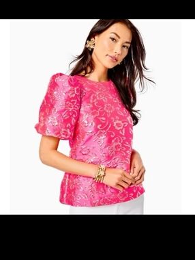 Lilly Pulitzer Pratt Hot Pink Floral Jacquard Puff Sleeve Top